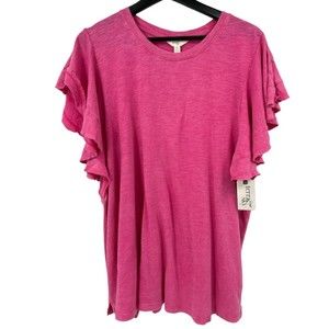 T-Shirt 0X Women's 14 Pink Flutter short sleeve knit NEW stone washed
